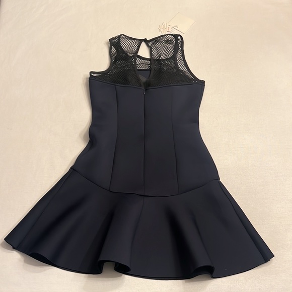 NWT Narces Navy Blue Neoprene Fit & Flare Dress with Mesh Top - Picture 4 of 6